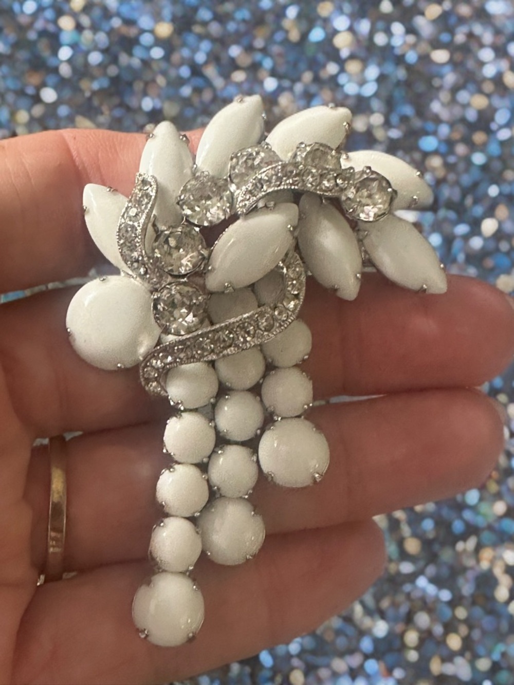 Eisenberg signed White Milk Glass and Crystal Cluster Brooch